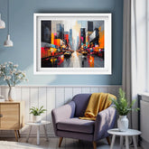 Abstract city canvas painting framed in a stylish room with soft neutral furnishings.