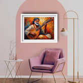 Guitar musician canvas displayed above a modern pink chair setup in a stylish room.