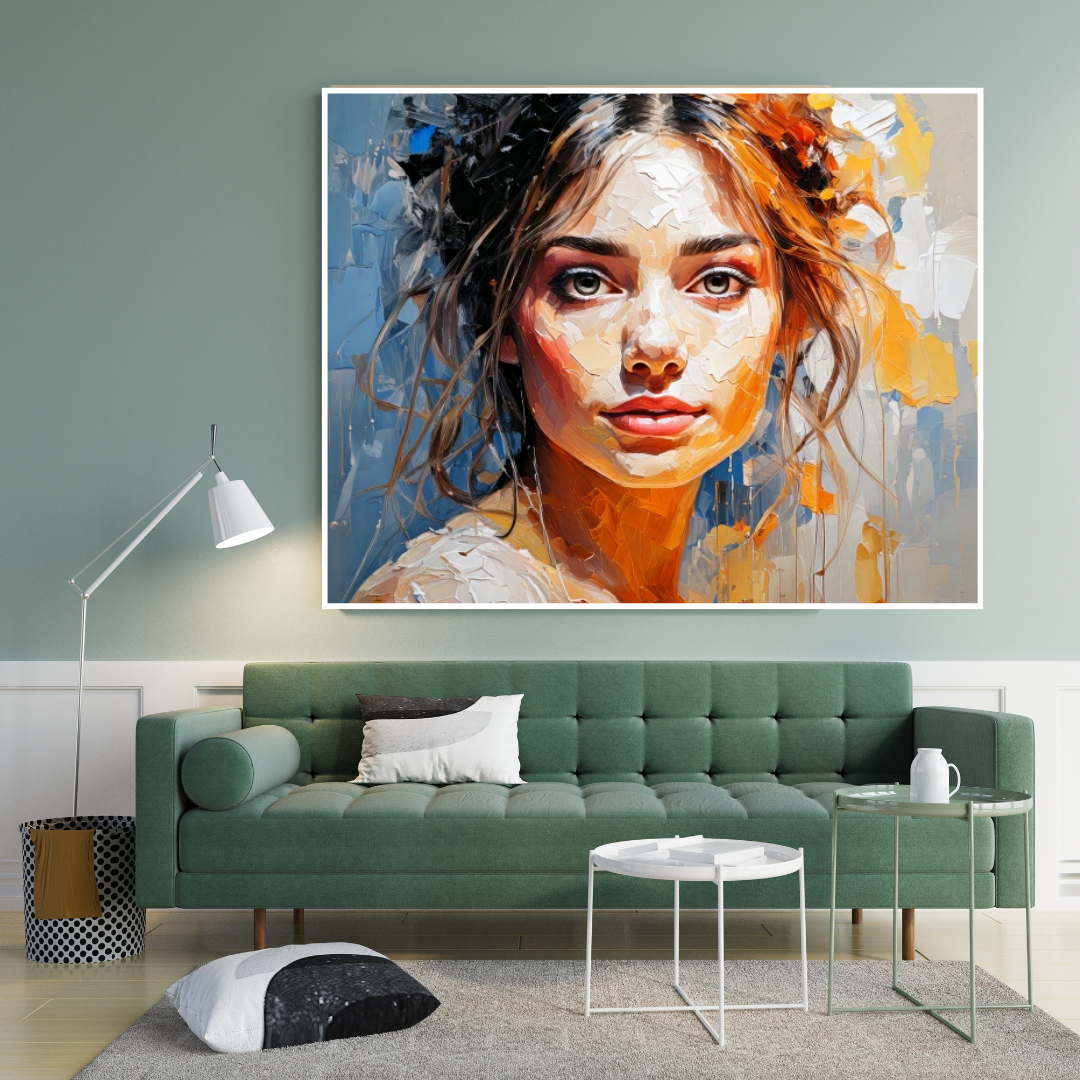 Colorful portrait wall art mounted above a sofa in a contemporary living room setup.