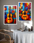 Two colorful framed artworks of guitars on a wall above a dining table.