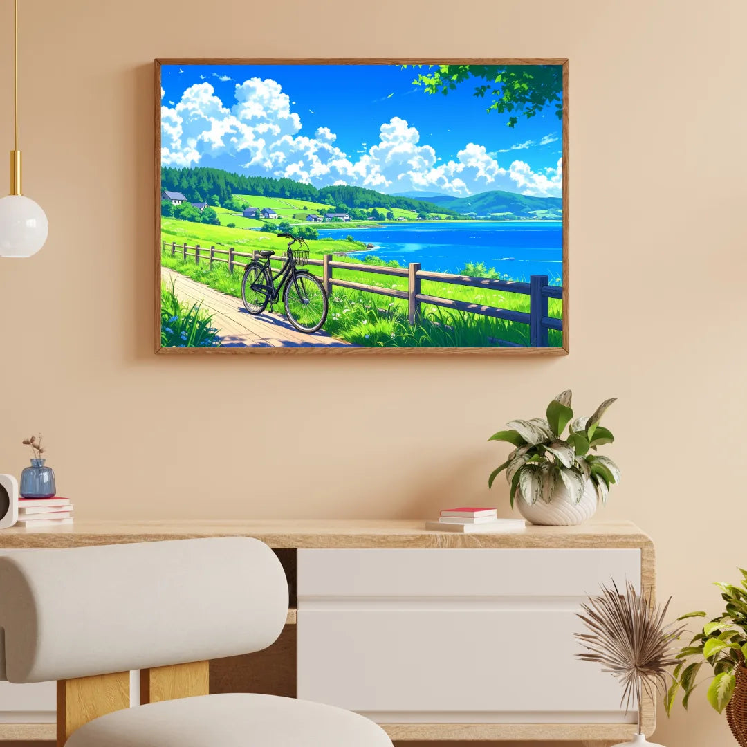 Green countryside bicycle landscape wall art canvas painting
