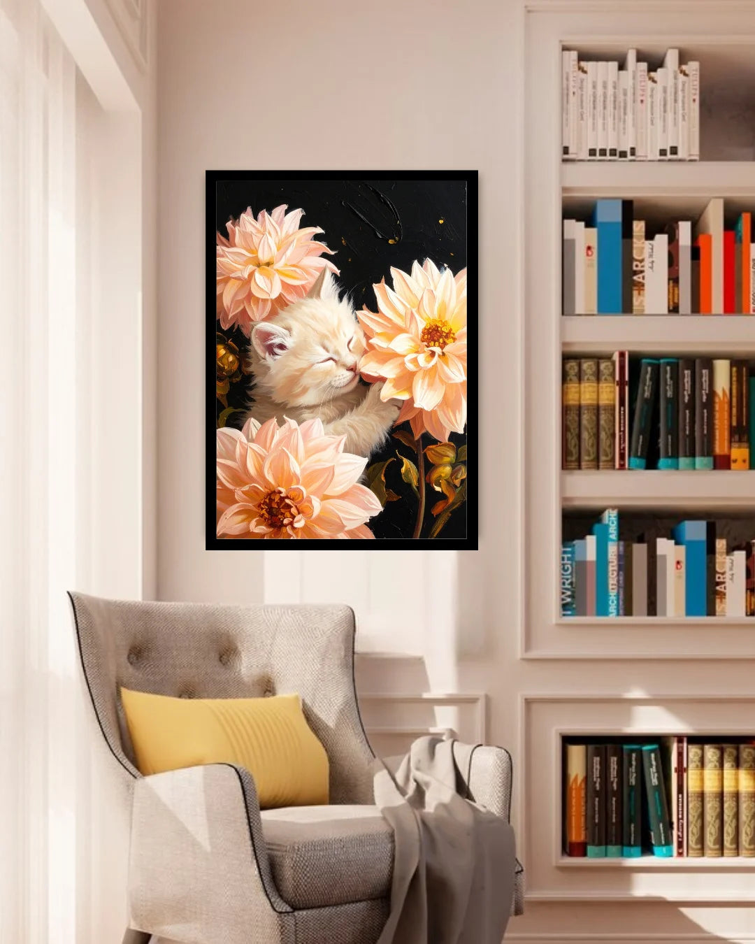 A framed wall art print showing a white kitten nestled among large peach and orange flowers on a black background, displayed above a gray armchair in a bright, modern room with a bookshelf.