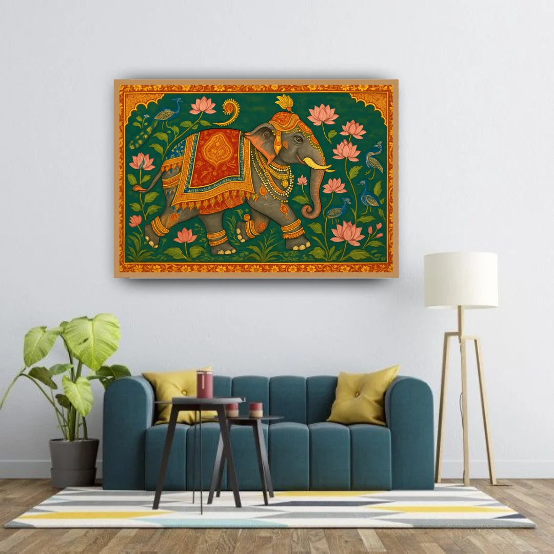 Decorative elephant painting on a wall above a teal sofa in a living room.