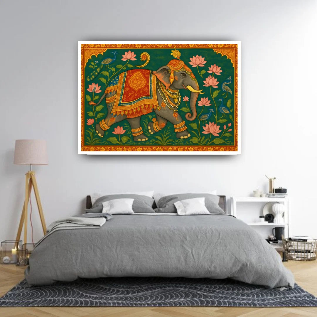Decorative elephant painting on a wall above a bed in a bedroom.
