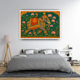 Decorative elephant painting on a wall above a bed in a bedroom.