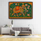 Decorative painting of an elephant with floral elements on a wall above a gray sofa.