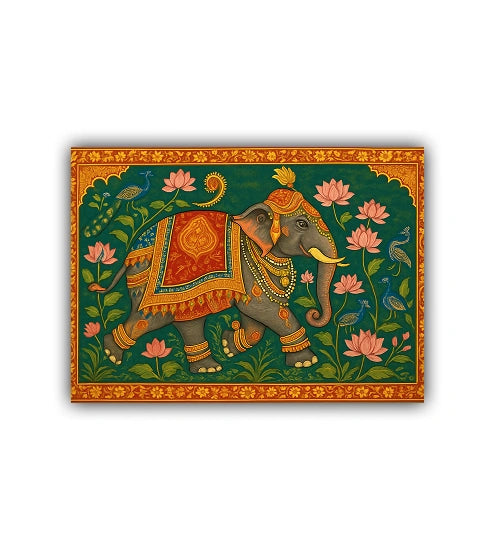 Decorative painting of an elephant with floral and ornate border on a white background
