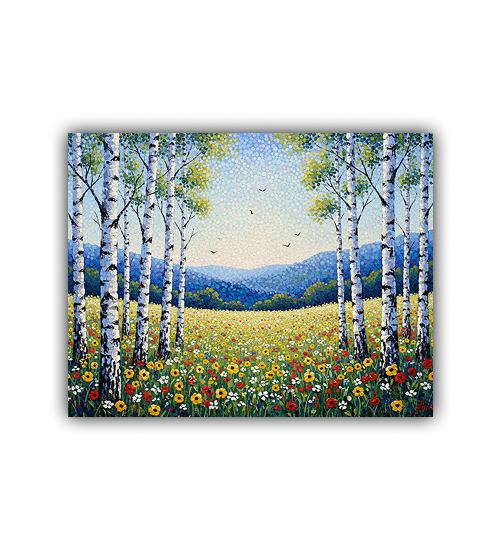 Painting of a forest with birch trees and a field of flowers under a blue sky.