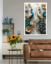 Decorative wall art of peacocks in a living room setting with a brown sofa and sunflowers.