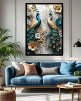 Decorative wall art of peacocks and flowers above a blue sofa in a living room.