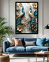Decorative wall art of peacocks and flowers above a blue sofa in a living room.