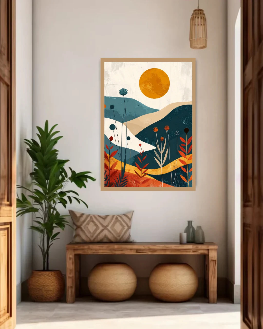 Decorative wall art in a room with a plant, bench, and decorative items.