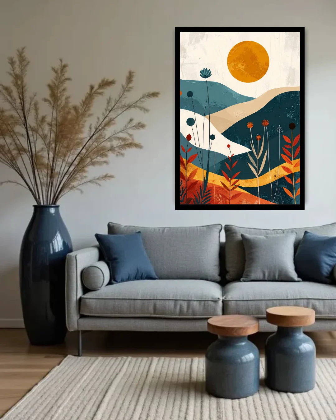 Living room with a gray sofa, decorative vases, and a colorful abstract painting on the wall.