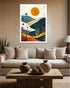 Framed abstract landscape art on a wall above a sofa in a living room.