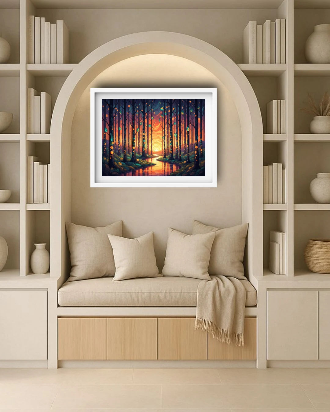 Decorative wall art in a room with bookshelves and a cushioned seat.