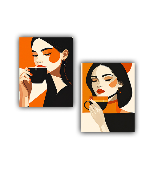 Stylish Woman Coffee Canvas - Set of 2 Minimalist Paintings