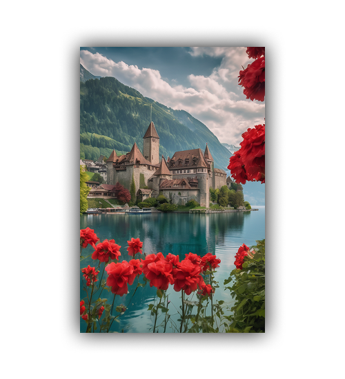 Mountain village landscape wall art poster with red flowers

