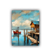 Scenic wooden boat canvas wall art painting with calm water and sky details
