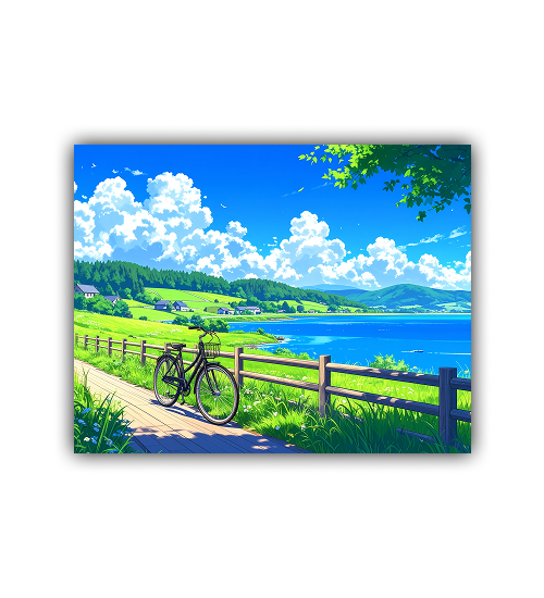 Countryside Lake Cycling Path Retro Canvas Art