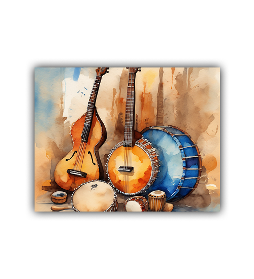 Musical Instruments Still Life Art - Watercolor Canvas Painting