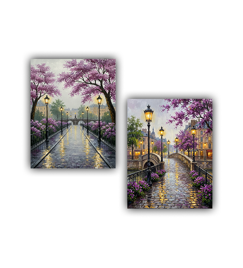 Floral street night canvas wall art set of two
