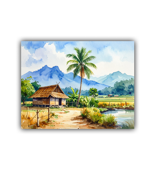 Beautiful Village Landscape Watercolor Painting – Wall Art Canvas