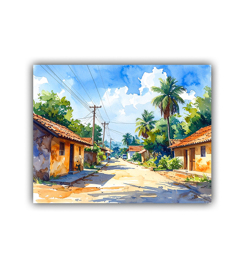 Sunny Village Street Watercolor Painting – Wall Art Canvas