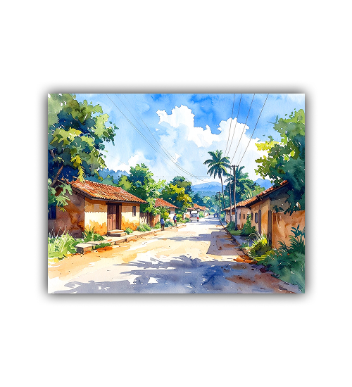 Peaceful Village Road Watercolor Painting – Wall Art Canvas
