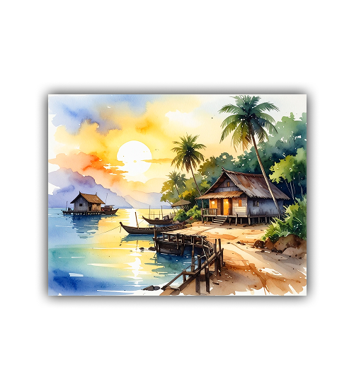Tropical Beach Village Sunset Watercolor Painting – Wall Art Canvas