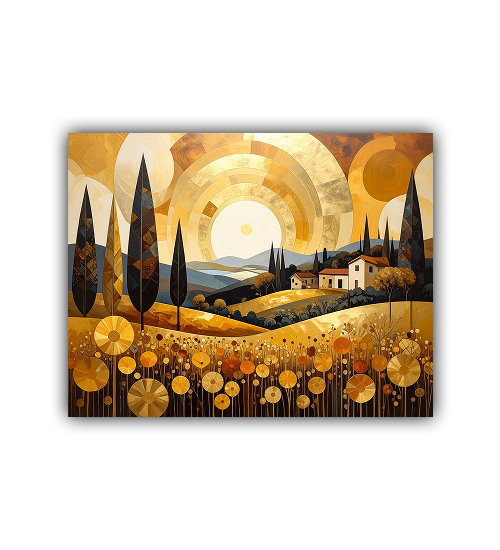 Artistic depiction of a landscape with trees, house, and sun on a white background