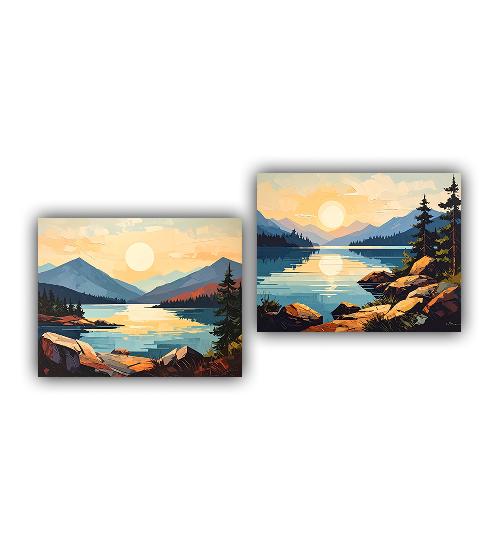 Two paintings of a sunset over a lake with mountains and trees.