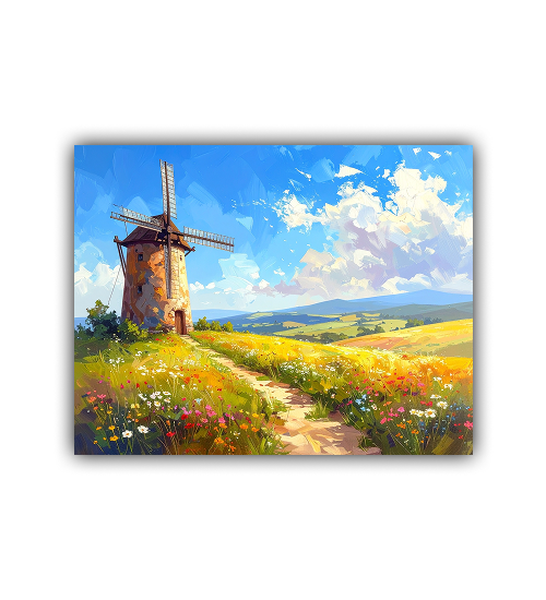 Flower Field Countryside Canvas - Dutch Windmill Wall Art