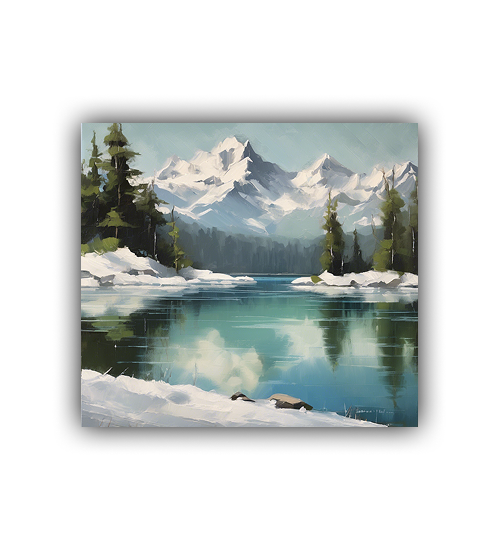 Winter Mountain Lake Canvas Art - Snow Forest Reflection Wall Art
