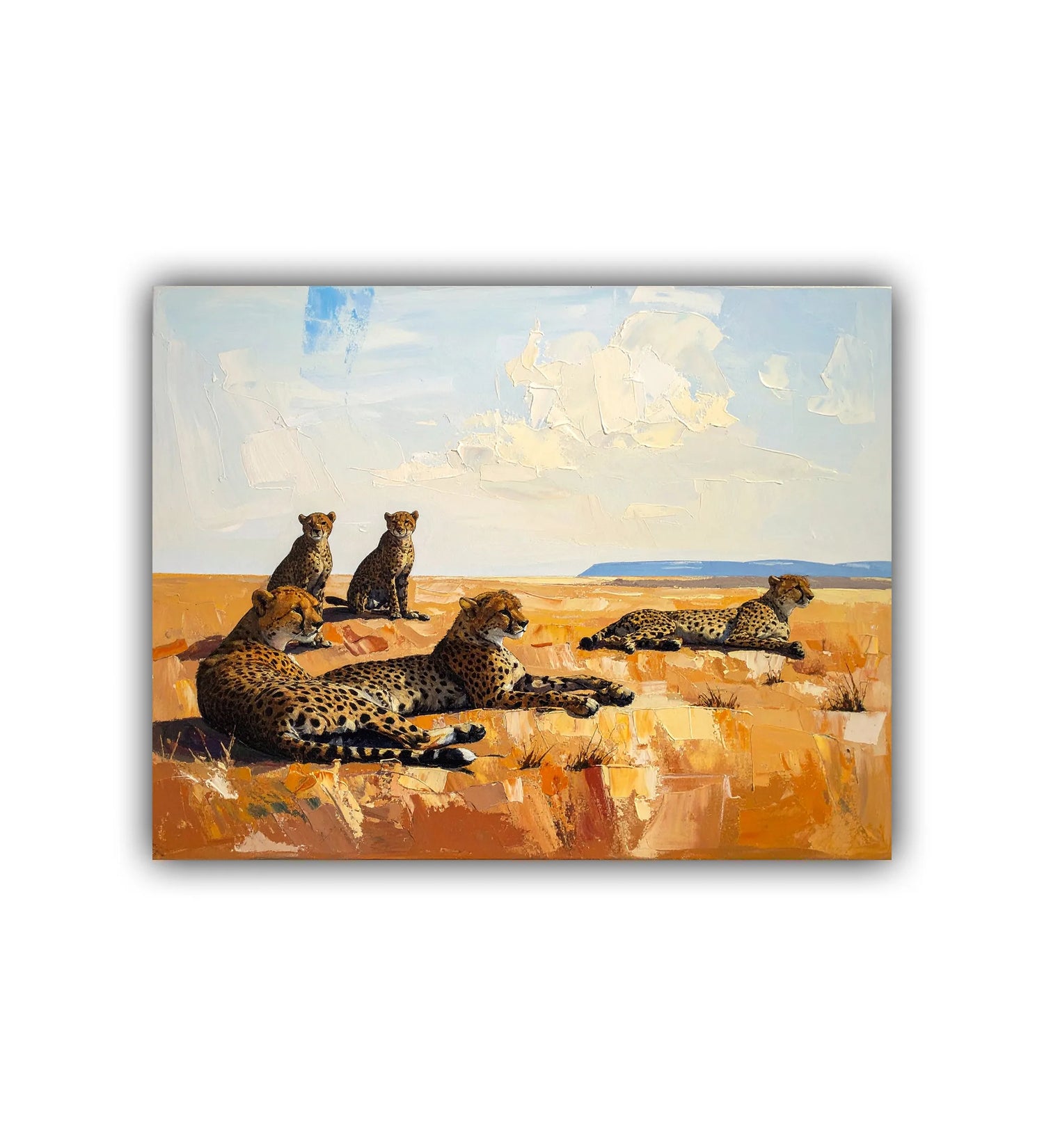 Painting of leopards in a savanna landscape with a blue sky.