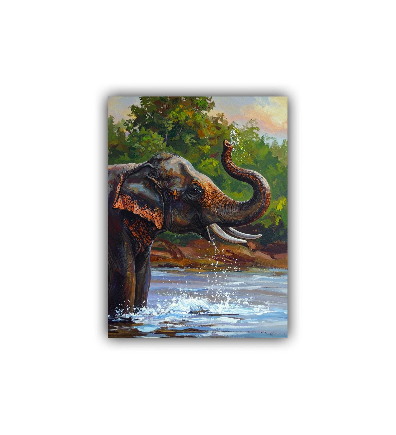 Painting of an elephant in a natural setting with trees and water.