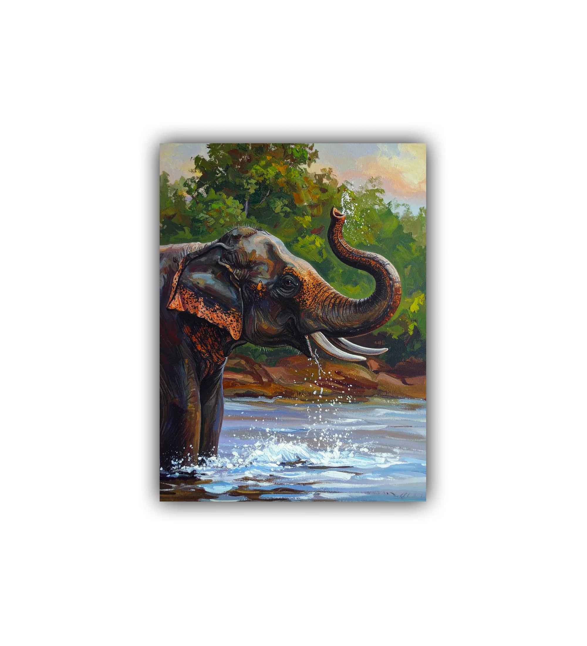 Painting of an elephant in a natural setting with trees and water.