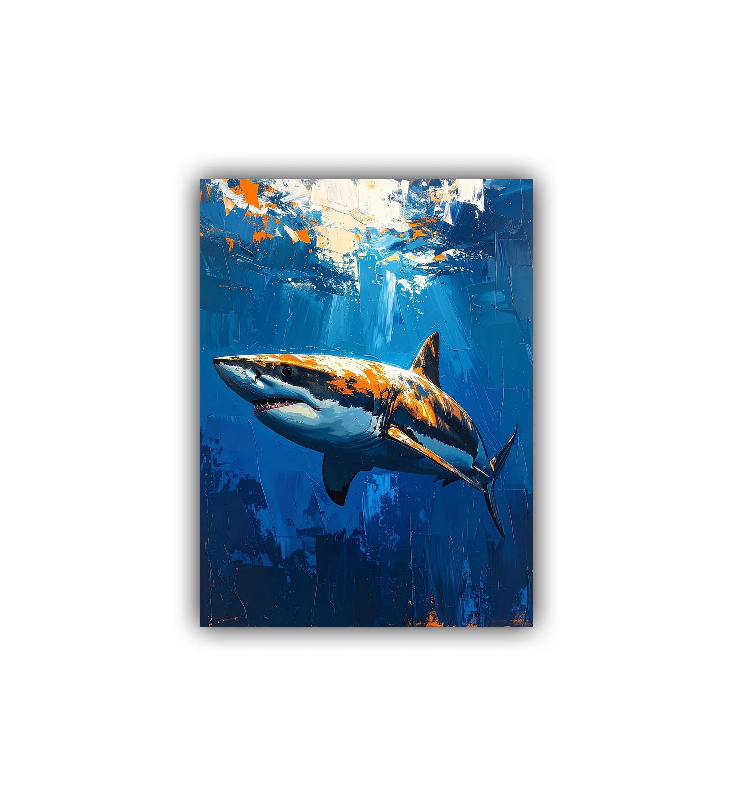 Painting of a shark swimming underwater with sunlight filtering through the water.