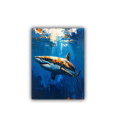 Painting of a shark swimming underwater with sunlight filtering through the water.