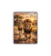 Two lions walking on a dirt path with a scenic background