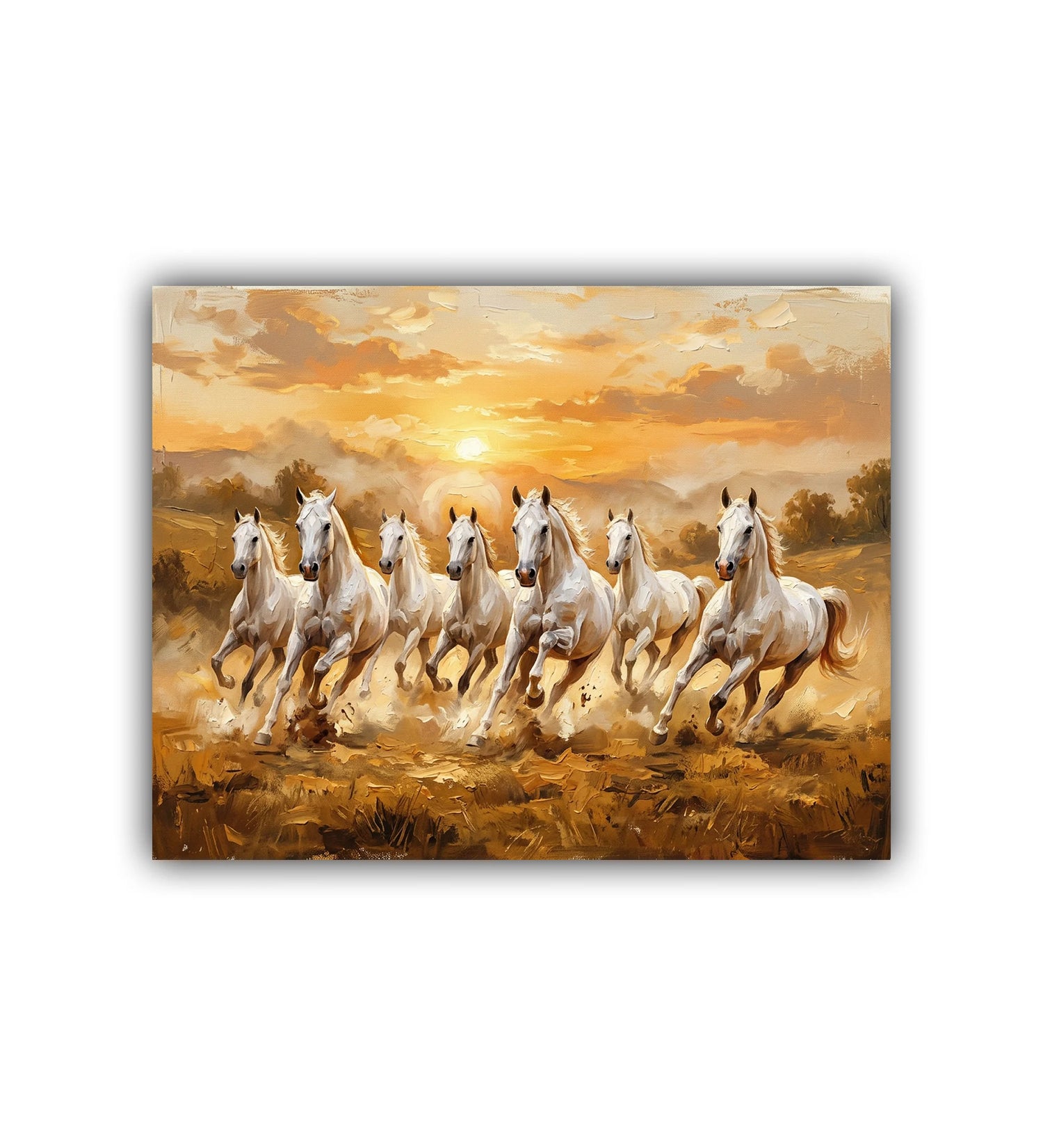 Painting of white horses running in a field with a sunset sky.