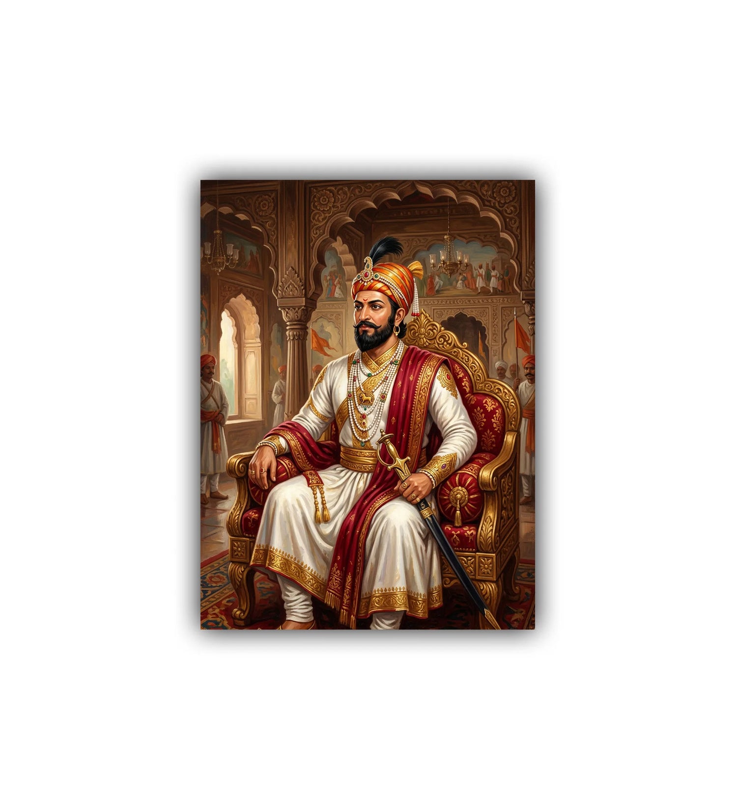 Portrait of a man in regal attire with a sword, set against an ornate interior background.