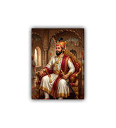 Portrait of a man in regal attire with a sword, set against an ornate interior background.