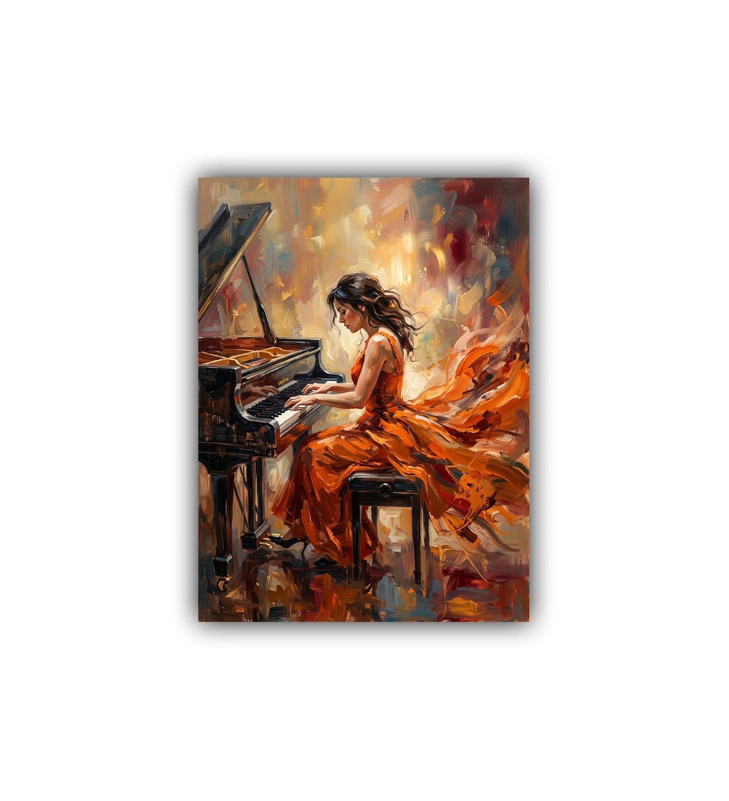 Oil painting of a woman in an orange dress playing a piano with warm colors.
