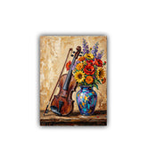 Painting of a violin and vase with flowers on a wooden surface
