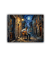 Man playing guitar in a moonlit alleyway with street lamps and buildings.