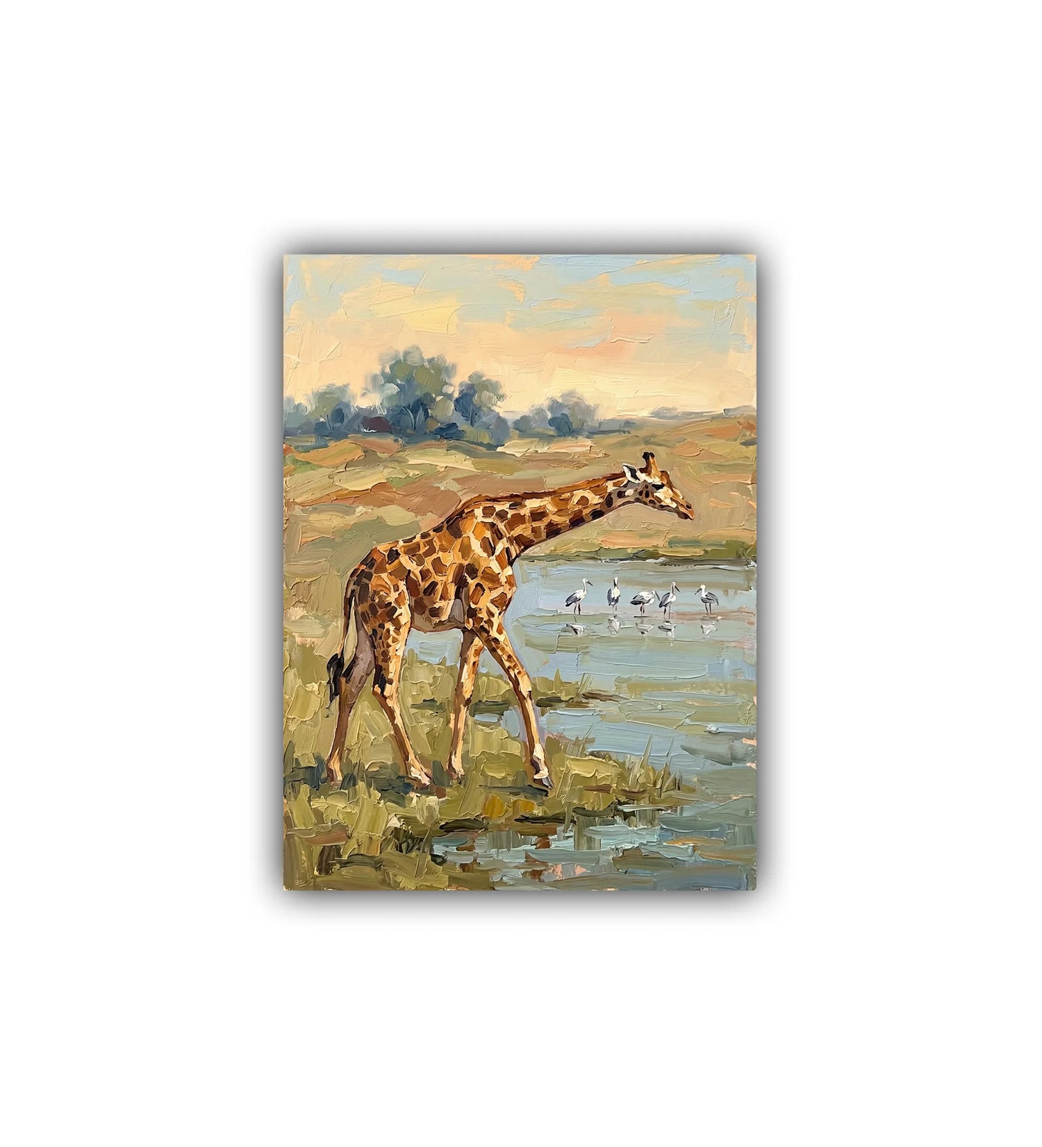 Painting of a giraffe walking near a body of water with birds in the background.