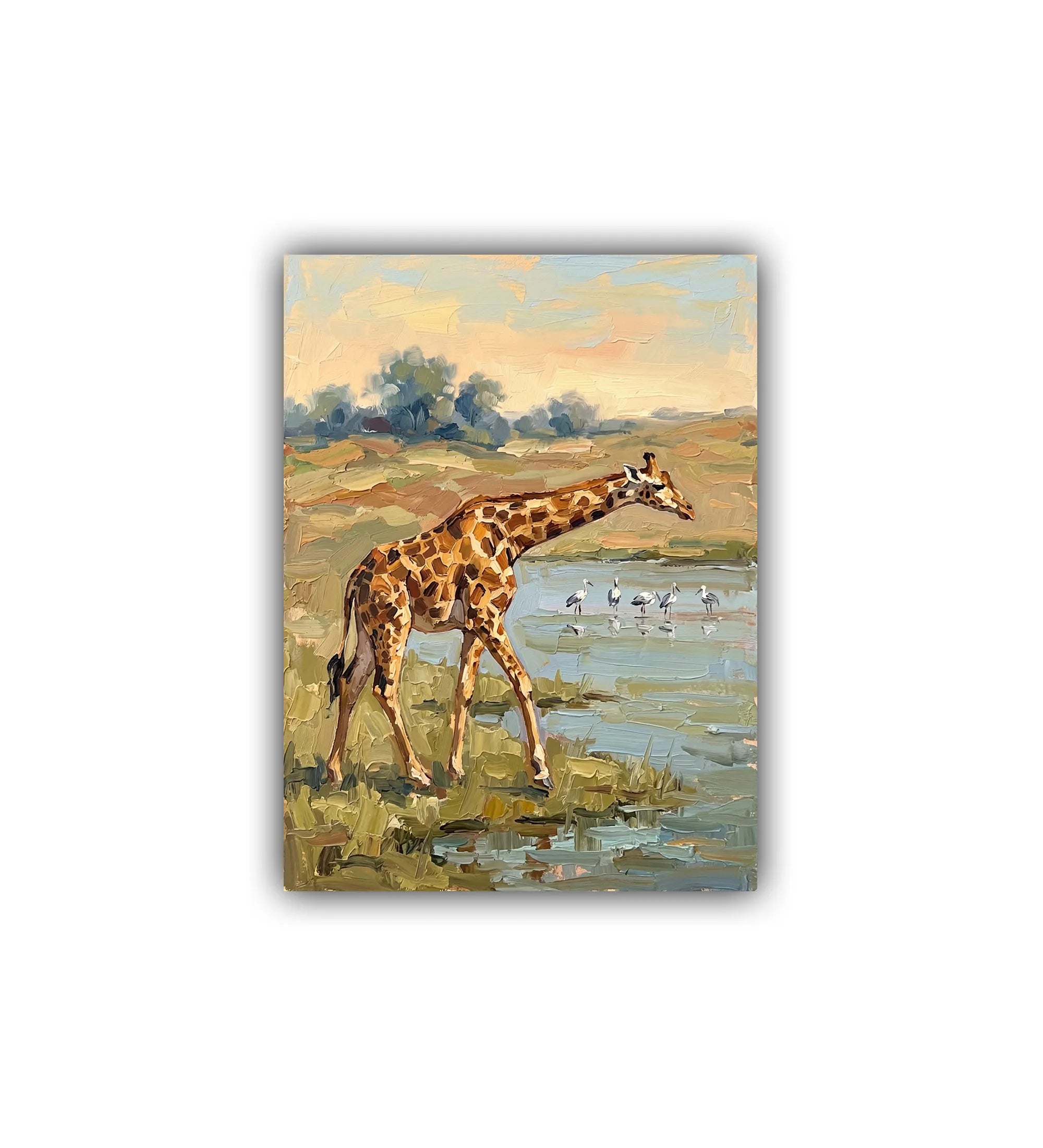 Painting of a giraffe walking near a body of water with birds in the background.