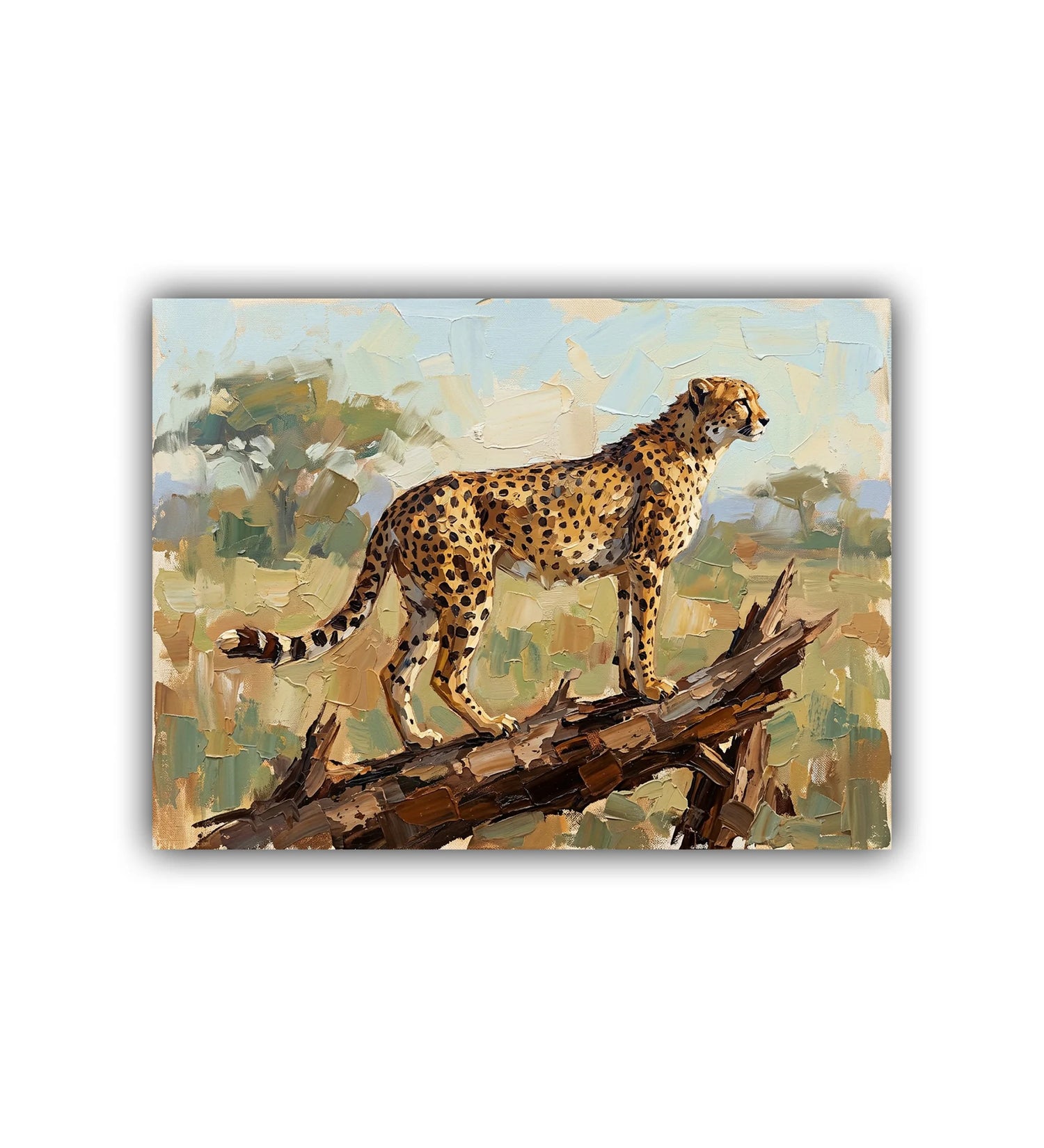 Painting of a cheetah on a branch with a natural landscape background