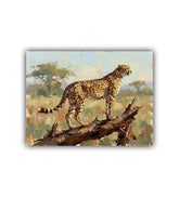 Painting of a cheetah on a branch with a natural landscape background