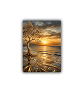 Artistic depiction of a tree with a sunset over water